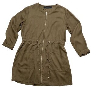 Zara Olive Green Front Zip Long Sleeve Utility Pockets Mini Shirt Dress Size M